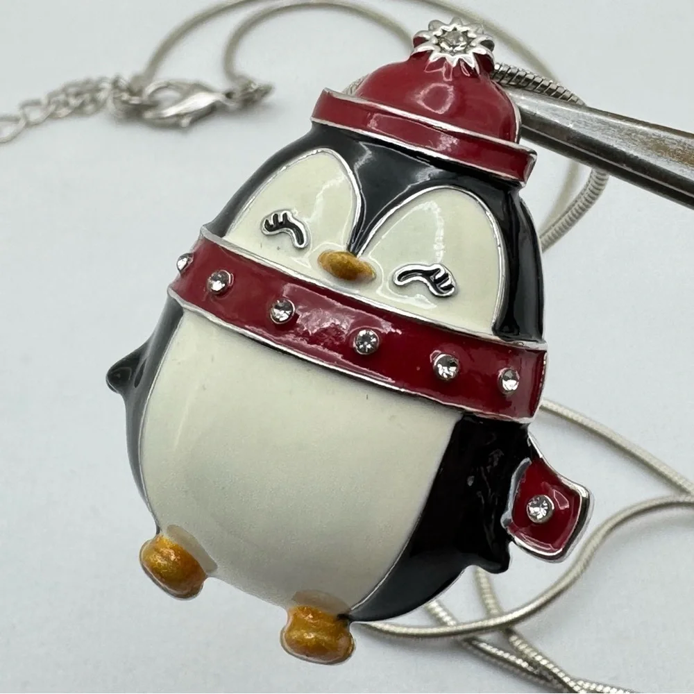 Silver Tone Enamel Penguin Necklace Winter Holiday Cute Boho Long Snake Chain